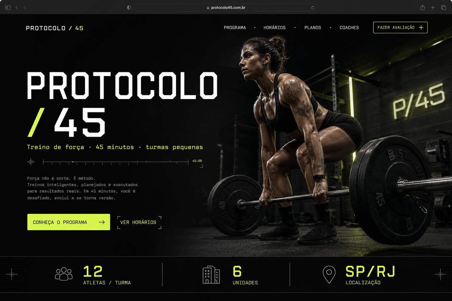 Landing page de exemplo — Protocolo / 45 (Fitness boutique)